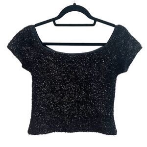 Alexia Admor NY Cropped Top Soft Metallic Shaggy Fuzzy stretch blouse Sz L